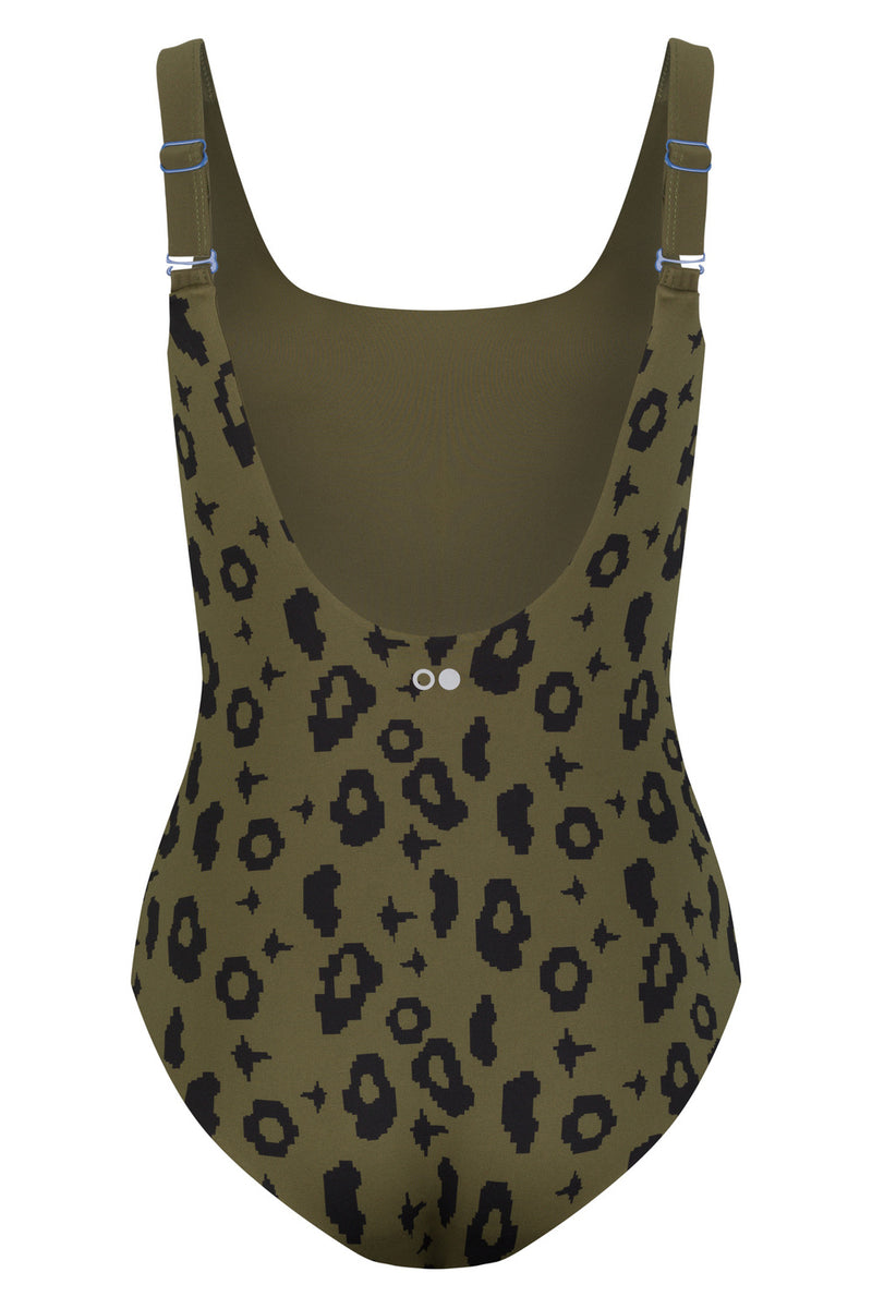 Langeoog Swimsuit Reversible in Green Leopard / Moss