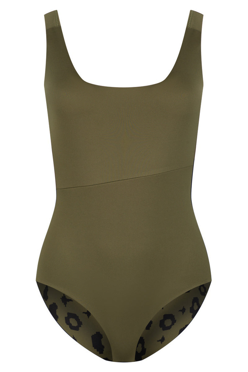 Langeoog Swimsuit Reversible in Green Leopard / Moss